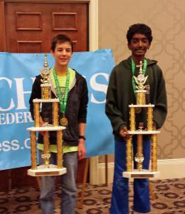 Kyle and Vikram with their bughouse trophies.